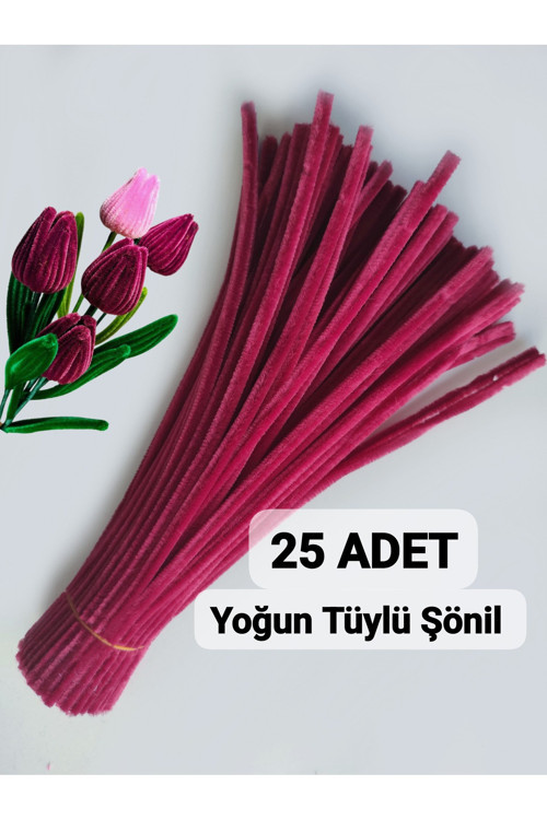25 Adet Mercan Kırmızısı Şönil, Çiçek Yapımına Uygun Tüylü Tel, 30 Cm 6 Mm
