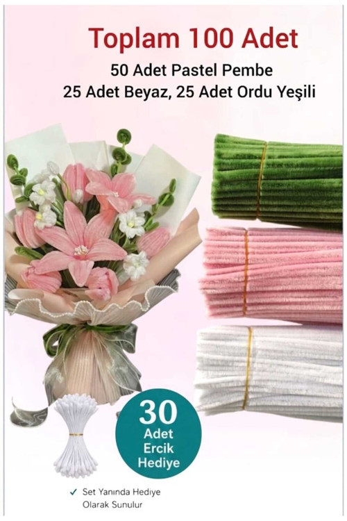 3'Lü Set Pastel Pembe (50) , Beyaz (25) , Ordu Yeşili (25) Şönil ,Çiçek Yapımına Uygun Tüylü Tel