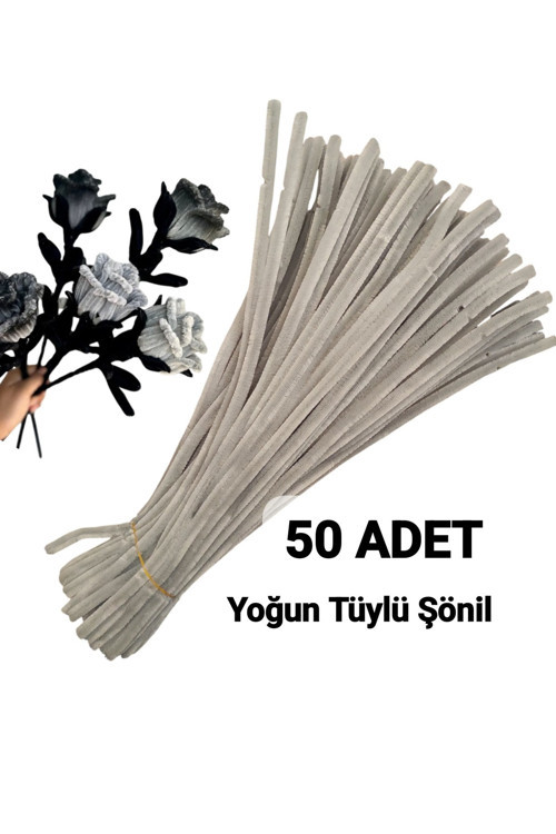 50 Adet Gri Şönil, Çiçek Yapımına Uygun Tüylü Tel, 30 Cm 6 Mm