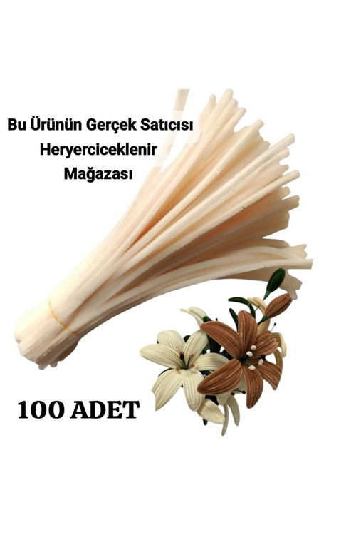 100 Adet Krem Şönil, Çiçek Yapımına Uygun Tüylü Tel, 30 Cm 6Mm