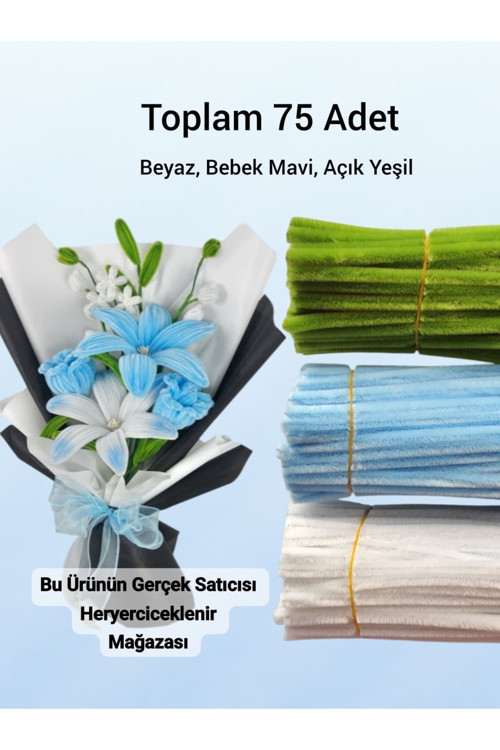 3'Lü Set Beyaz,Bebek Mavi Ve Açık Yeşil ,Çiçek Yapımına Uygun Tüylü Tel