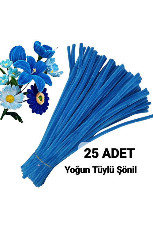 25 Adet Saks Mavi Şönil, Çiçek Yapımına Uygun Tüylü Tel, 30 Cm 6 Mm
