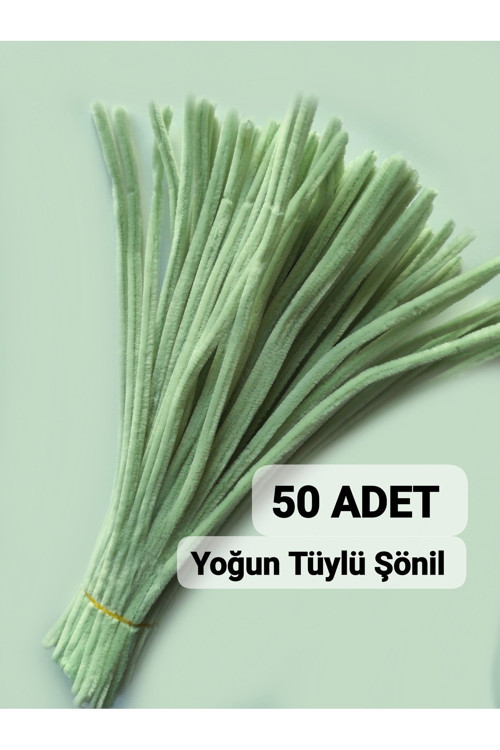 50 Adet Ada Çayı Yeşili Şönil, Çiçek Yapımına Uygun Tüylü Tel, 30 Cm 6 Mm