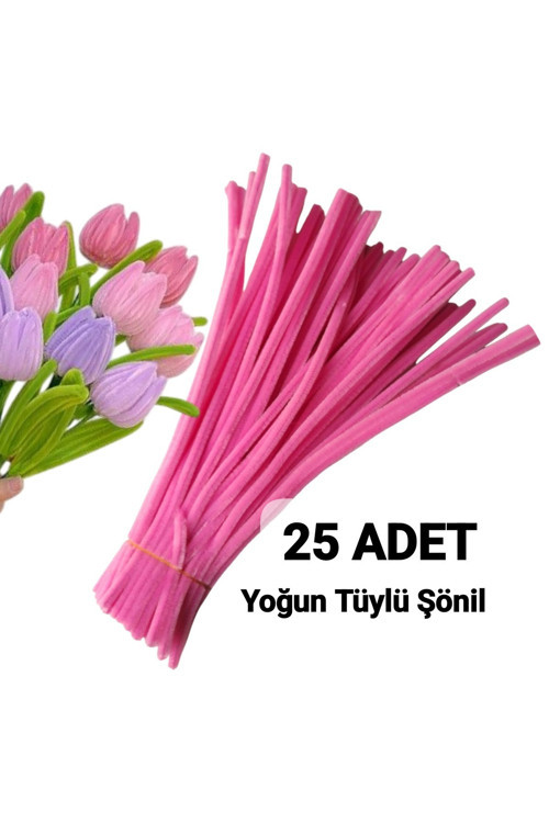 25 Adet Şeker Pembe Şönil, Çiçek Yapımına Uygun Tüylü Tel, 30 Cm 6 Mm