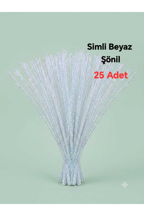 25 Adet Simli Beyaz Şönil ,Çiçek Yapımına Uygun Tüylü Tel, 30 Cm