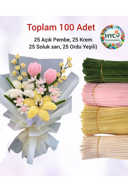 100 Adet Pastel Tonlarda Şönil Buket Kiti | Tüylü Tel Çiçek Yapım Seti