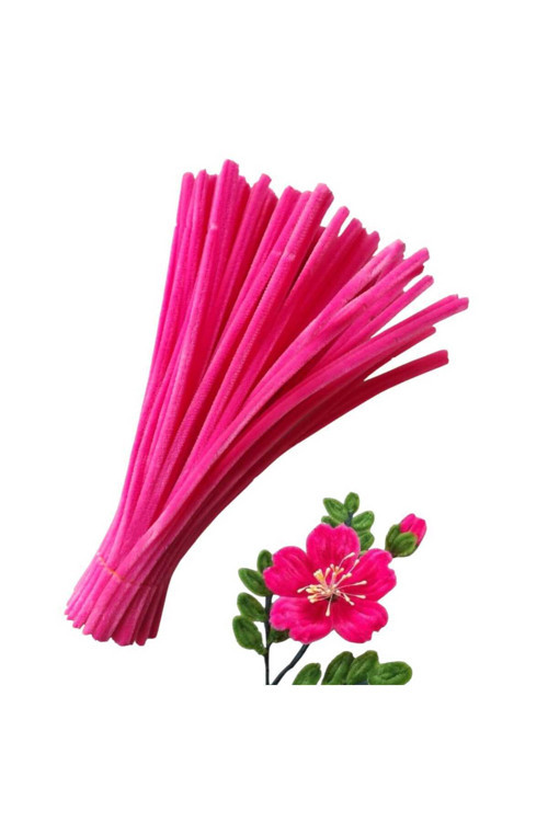 50 Adet Koyu Pembe Şönil, Çiçek Yapımına Uygun Tüylü Tel, 30 Cm 6Mm
