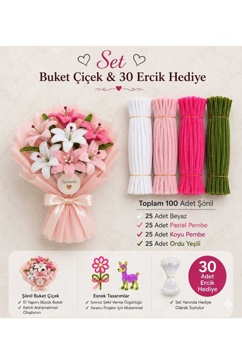 Şönil Çiçek Yapım Seti 100 Adet (Beyaz,Pastel Pembe,K.Pembe,Ordu Yeşili)