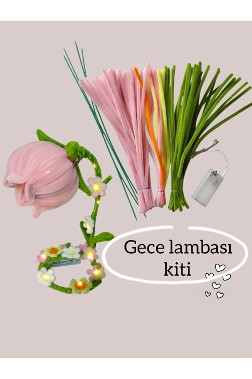 Çan Çiçeği Gece Lambası Kit Seti,Renk Pastel Pembe, Tel Şönilden Tüylü Şönil Seti