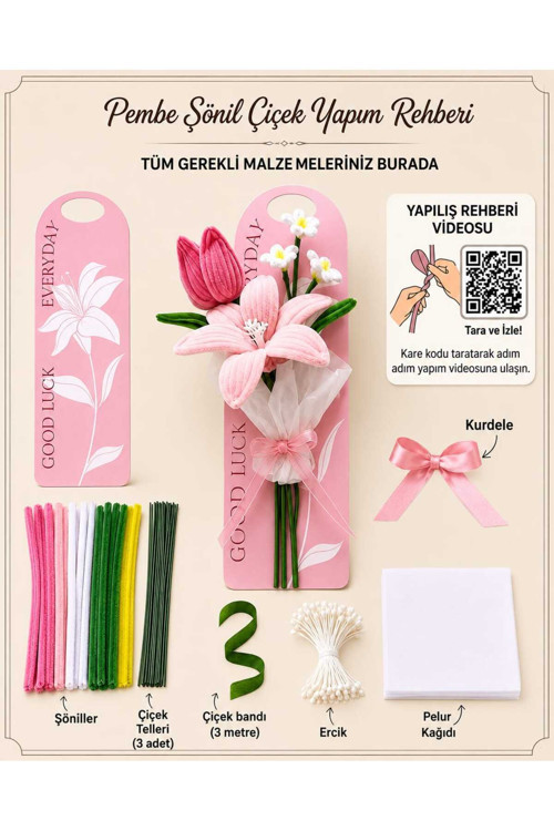 Dıy Pembe Şönil Çiçek Buketi Seti