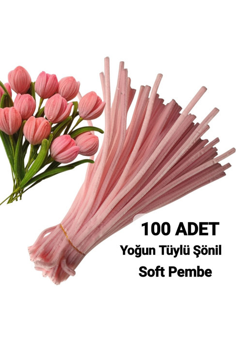 100 Adet Açık Pembe Şönil, Çiçek Yapımına Uygun Tüylü Tel, 30 Cm 6Mm