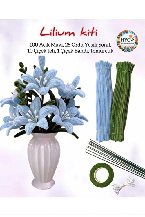 Lilium Çiçek Yapım Seti – 125 Şönil (100 Açık Mavi, 25 Ordu Yeşili) + Tomurcuk,Band, Çiçek Teli