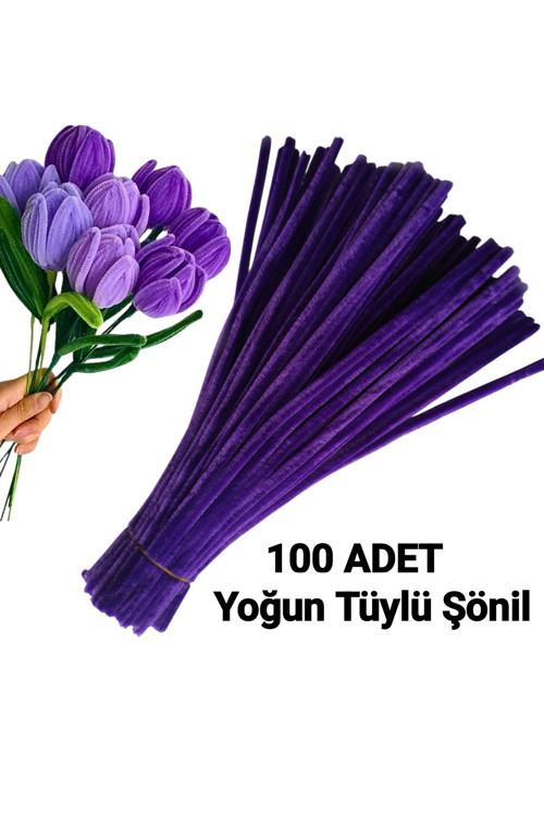 100 Adet Derin Mor Şönil, Çiçek Yapımına Uygun Tüylü Tel, 30 Cm 6Mm