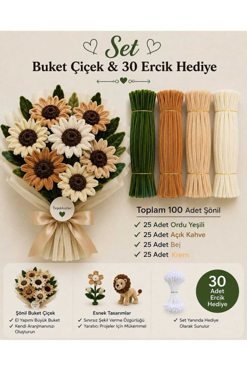 Şönil Çiçek Yapım Seti 100 Adet (Ordu Yeşil,Açık Kahve,Bej,Krem)