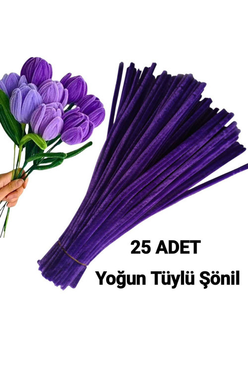 25 Adet Derin Mor Şönil, Çiçek Yapımına Uygun Tüylü Tel, 30 Cm 6 Mm