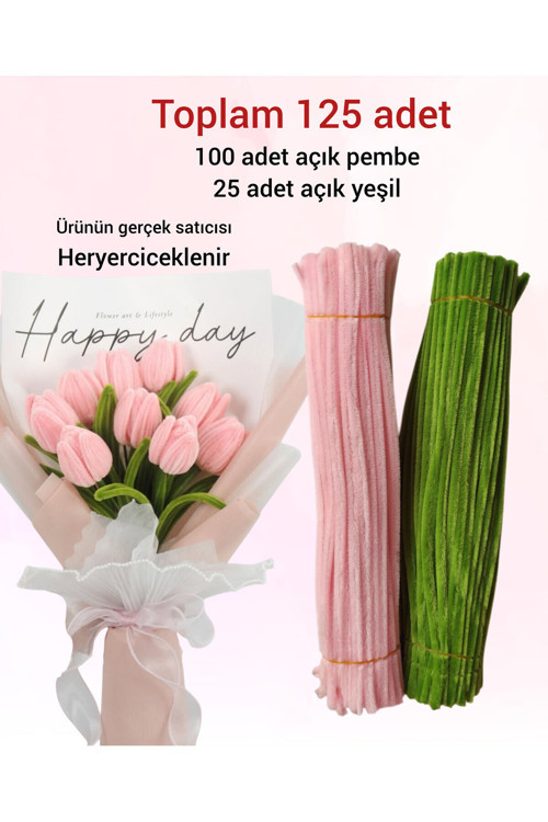 2'Li Açık Pembe Ve Açık Yeşil Seti ,Çiçek Yapımına Uygun Tüylü Tel, 30 Cm 6 Mm