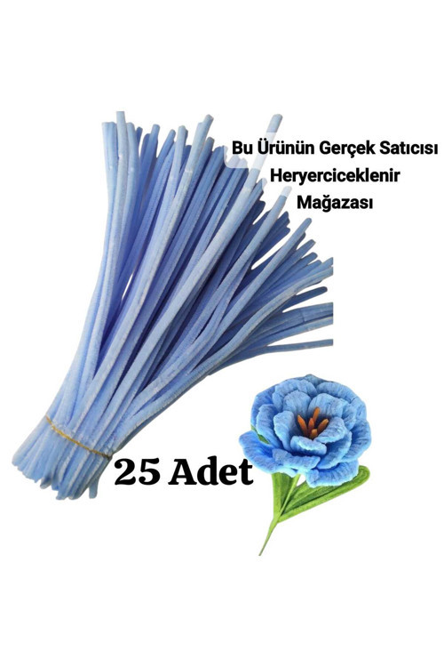 25 Adet Açık Mavi Şönil ,Çiçek Yapımına Uygun Tüylü Tel, 30 Cm 6 Mm