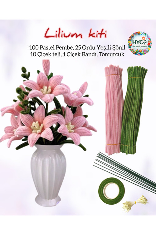 2’Li Lilium Çiçek Yapım Seti – 125 Şönil (100 Pastel, 25 Ordu Yeşili) + Tomurcuk,Band, Çiçek Teli