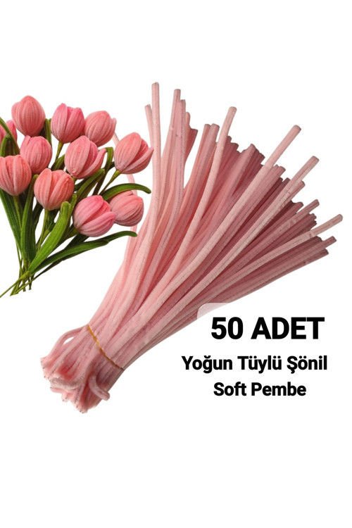 50 Adet Açık Pembe Şönil, Çiçek Yapımına Uygun Tüylü Tel, 30 Cm 6Mm