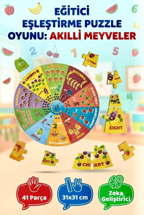 41 Parça Akıllı Meyveler Eğitici Eşleştirme Puzzle Oyunu - Çocuklar İçin Renkli Öğrenme Macerası