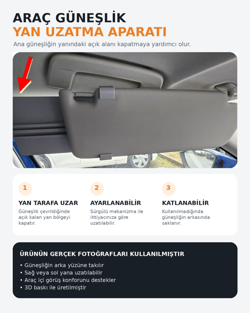 Araç Güneşlik Yan Uzatma Aparatı | Ayarlanabilir Ek Güneş Koruyucu | 3D Baskı