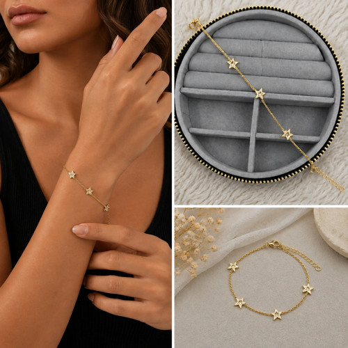 💎 Premium Parlak Gold Renk Üçlü Yıldız Figürlü Zirkon Taş Detaylı Şık Kadın Bijuteri Bileklik (22cm) 💎