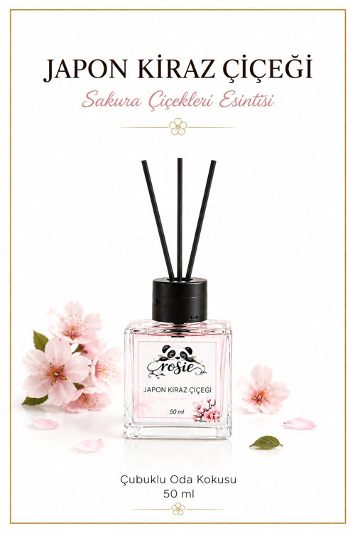 Japon Kiraz Çiçeği Çubuklu Oda Kokusu, Premium Cam Şişe, Kalıcı Ortam Kokusu, Dekoratif Reed Diffuser