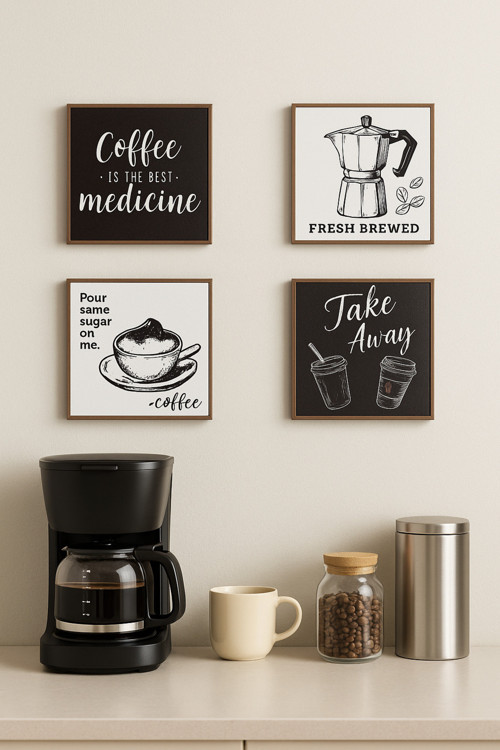 4'Lü Mini Tablo Çerçeve Görünümlü Iskandinav Tasarım Kahve Köşesi Ahşap Dekoratif Set(10*10 Cm)