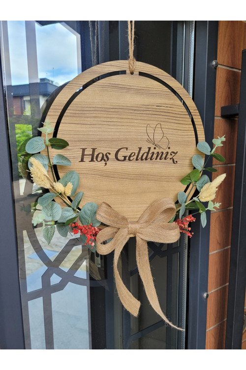Okaliptus Hoş Geldiniz Kelebekli Ahşap Kapı Duvar Süsü (30 Cm Çap)