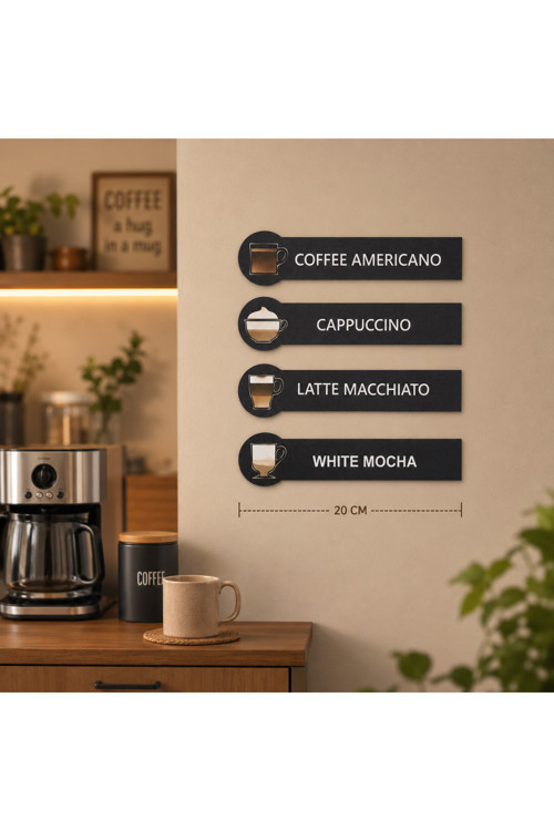 4'Lü Kahve Temalı Ahşap Şerit Mini Tablo Seti Kahve Köşesi Duvar Dekoru Bohem Coffee Bar Süsü (21 Cm)