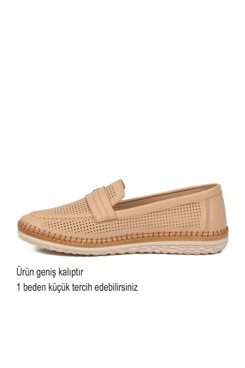 Bej Geniş Kalıp Hafızalı Taban Hakiki Deri Kadın Günlük Loafer Ayakkabı Z142 Z