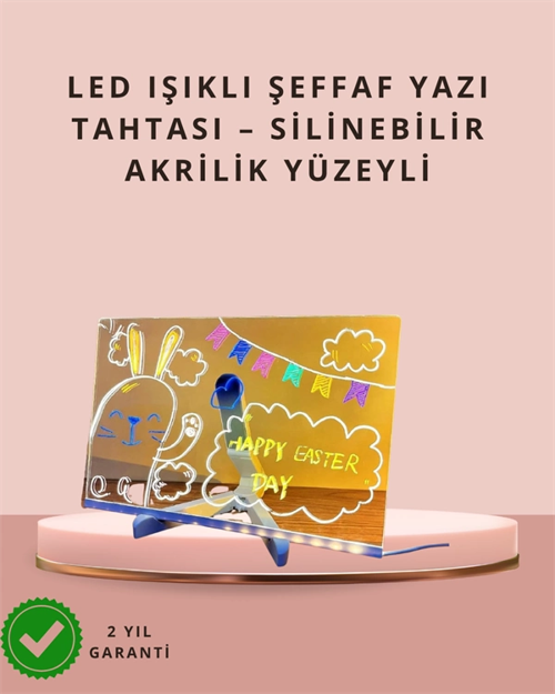 LED Işıklı Şeffaf Yazı Tahtası – Neon Etkili Akrilik Pano, Silinebilir, 7 Renkli Kalemli, 30