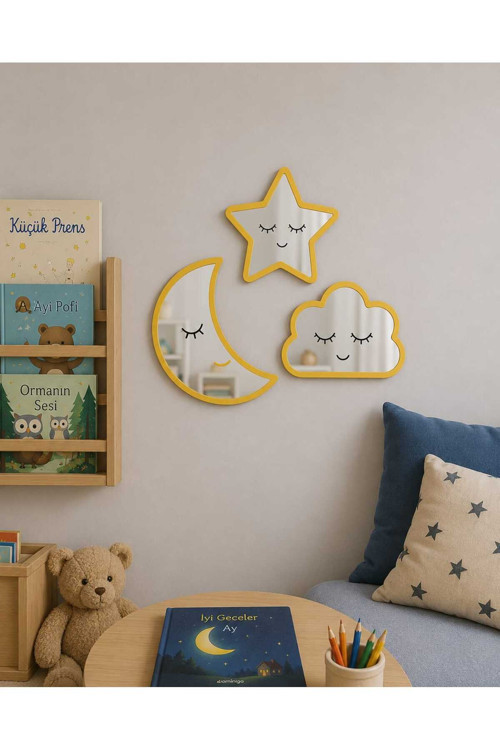 Bulut Yıldız Ay Mdf Pleksi Ayna Çocuk Odası Süsleri 3 Lü Set