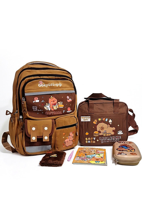 Capybara Desenli 5 Parça İlkokul Ortaokul Çanta Seti - Sırt Beslenme Çantası Kalemlik Defter Sticker