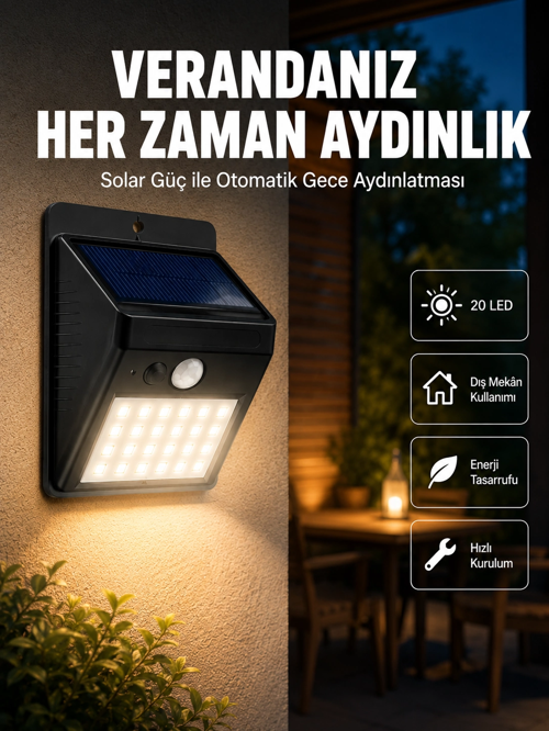 Bahçe Dış Mekanlar İçin Güneş Enerjili 20 Led Hareket Sensörlü Lamba Yeni Nesil