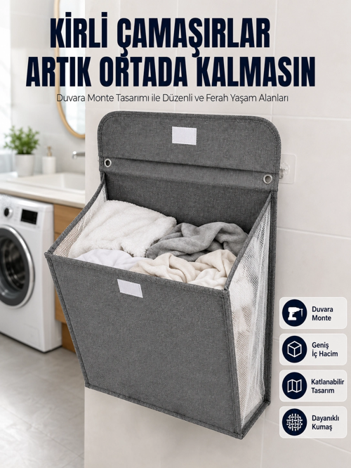 Banyo Çamaşır Odası İçin Duvara Asılan Katlanabilir Çamaşır Sepeti