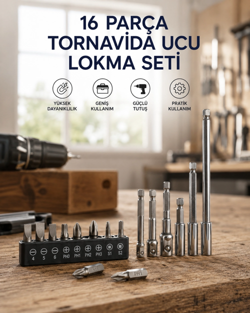 16 Parça Bits, Adaptör Tornavida Ucu Seti