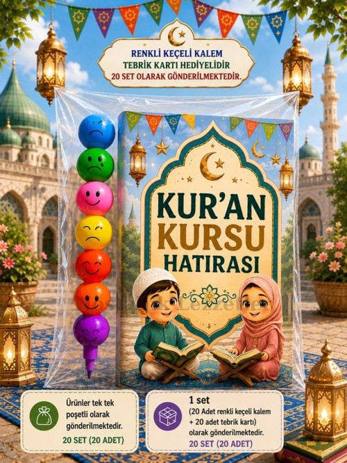 20 Adet Kur'an Kursu Hatırası Renkli Keçeli Kalem Tebrik Kartı Hediye Seti