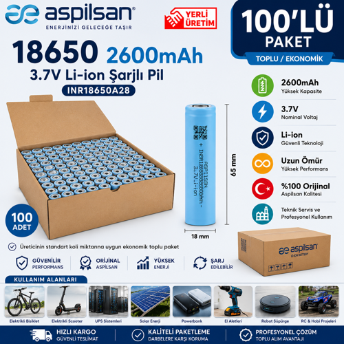 Aspilsan 18650 2600mAh 3.7V Li-ion Şarjlı Pil 100'lü Paket | INR18650A28 Orijinal Lityum İyon Hücre | Teknik Servis ve T