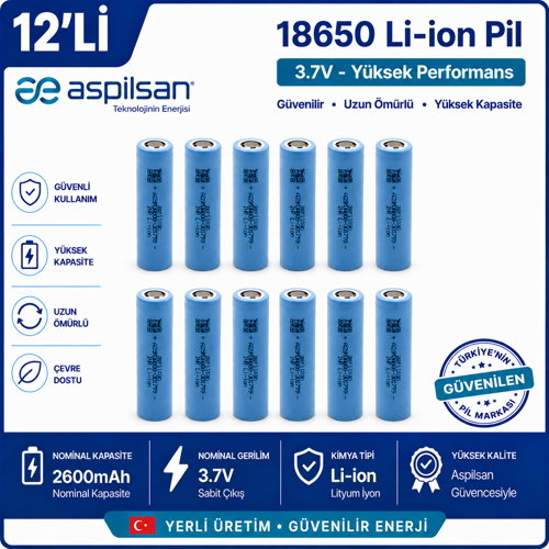 Aspilsan 18650 2600mAh 3.7V Li-ion Şarjlı Pil 12'li Paket | INR18650A28 Orijinal Lityum İyon Batarya | Powerbank, E-Bisi