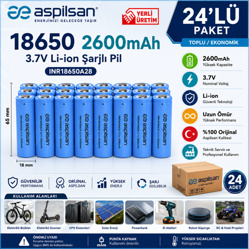 Aspilsan 18650 2600mAh 3.7V Li-ion Şarjlı Pil 24'lü Paket | INR18650A28 Orijinal Lityum İyon Batarya | E-Bisiklet, Scoot