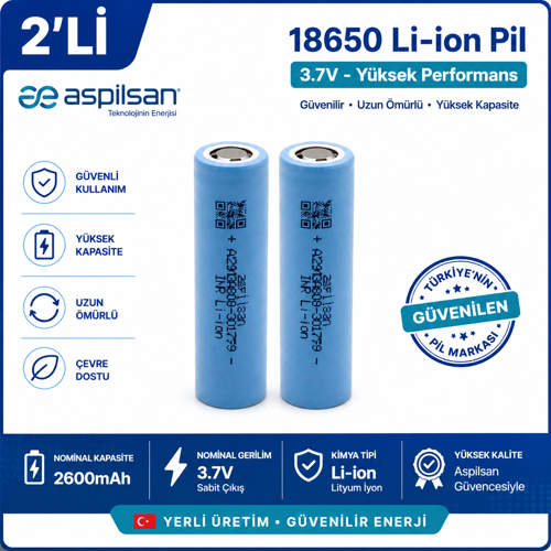 Aspilsan 18650 2600mAh 3.7V Li-ion Şarjlı Pil 2'li Paket INR18650A28 Orijinal Yerli Üretim Lityum İyon Batarya
