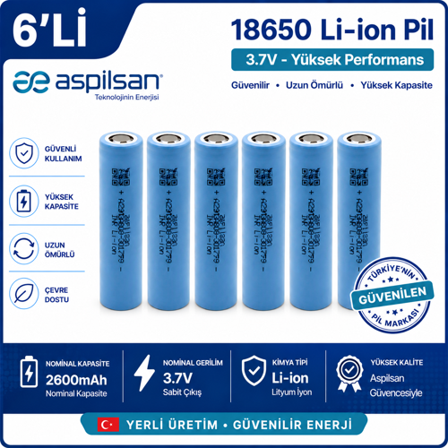 Aspilsan 18650 2600mAh 3.7V Li-ion Şarjlı Pil 6'lı Paket | INR18650A28 Orijinal 18650 Batarya | Yerli Üretim Lityum İyon