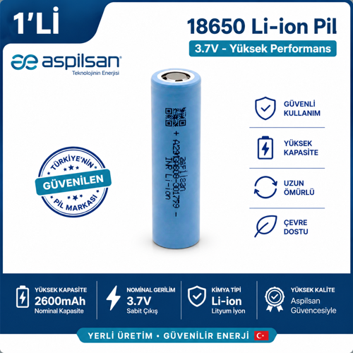 Aspilsan 18650 2600mAh 3.7V Li-ion Şarjlı Pil INR18650A28 Tekli Orijinal Yerli Üretim Lityum İyon Batarya