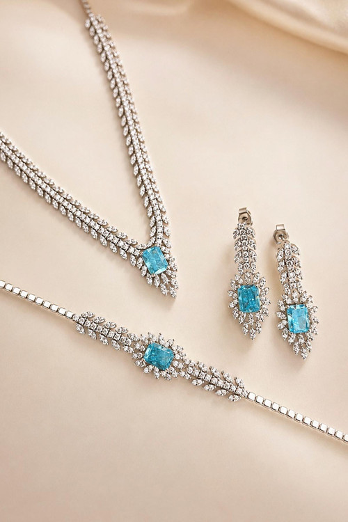 Prenses Serenadı Mavi Taşlı Gerdanlık Gümüş Set