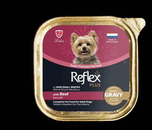 Plus Sos İçinde Et Parçacıklı Dana Etli Mini ve Küçük Irk Yetişkin Köpek Konservesi 85 Gr