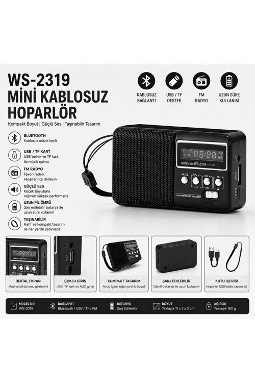 WS-2319 Mini Bluetooth Hoparlör Fm Radyolu Hafıza Kartı ve Usb Girişli Şarjlı Taşınabilir 3W Hoparlör Mp3 Çalar
