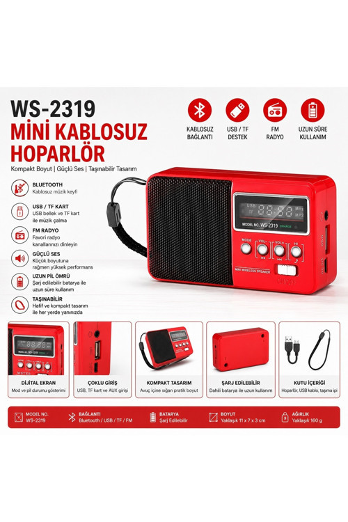 WS-2319 Mini Bluetooth Hoparlör Fm Radyolu Hafıza Kartı ve Usb Girişli Şarjlı Taşınabilir 3W Hoparlör Mp3 Çalar
