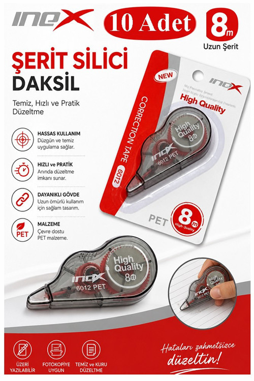 Şerit Daksil Beyaz 5mmx8 Metre 10 Adet İnox Şerit Düzeltici Şerit Silici Yazı Silici Büro Ofis Okul