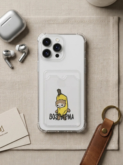 ® iPhone 14 Pro Max Boş Yapma Muz Detaylı Kart Bölmeli Şeffaf Telefon Kılıfı